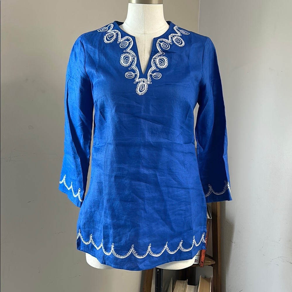 Sunny Leigh Linen Blue Embroidered Women's Tunic Top size  small